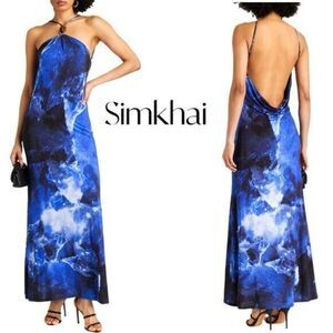 NWT Simkhai Sapphire Abstract Halter Gown – Open Back Maxi Sz M